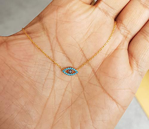 Mystic Jewels by Dalia Round Turkish Eye Pendant Necklace 925 Sterling Silver with Cubic Zirconia and Enamel in Strong Blue (Turquoise)