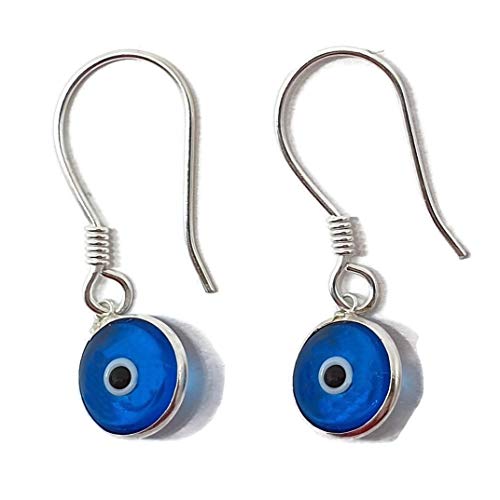 MYSTIC JEWELS By Dalia - 925 Sterling Silver Drop Earring - Round Turkish Eye for Good Luck (Light Blue)