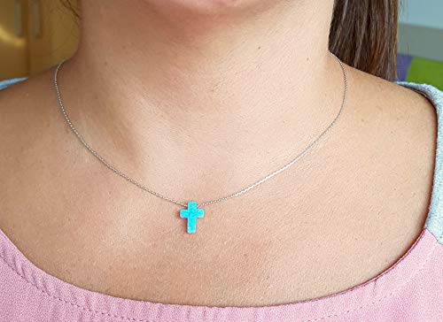 Mystic Jewels by Dalia Cross Pendant Necklace, 925 Sterling Silver, Synthetic Opal, Length 40 cm + 5 cm Adjustable
