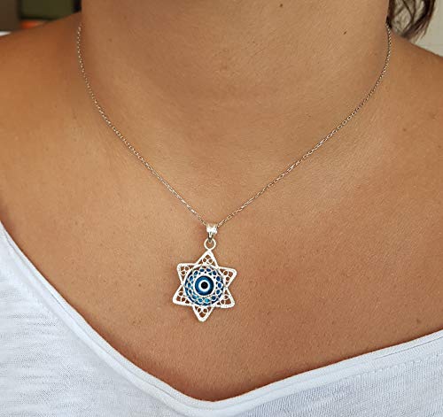 MYSTIC JEWELS By Dalia - Filigree Necklace with Turkish Eye 925 Sterling Silver (Star of David)