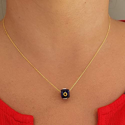 MYSTIC JEWELS by Dalia - Blue Crystal Cube Evil Eye Necklace for Good Luck - 925 Sterling Silver Chain with Gold Plating (Navy Blue)