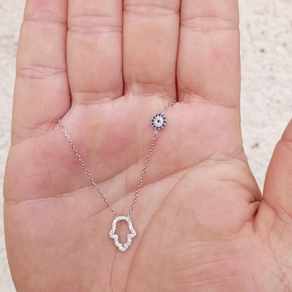 MYSTIC JEWELS - 925 sterling silver necklace, cubic zirconia Hamsa (Hand of Fatima) and Turkish Eye, Turkish evil eye, protection