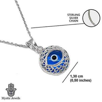 MYSTIC JEWELS by Dalia - Crystal and 925 Sterling Silver Evil Eye Necklace - Filigree Turkish Eye (Round)