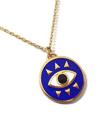 MYSTIC JEWELS by Dalia - Round Eye Necklace for Good Luck - 925 Sterling Silver Enameled in Blue (Golden)