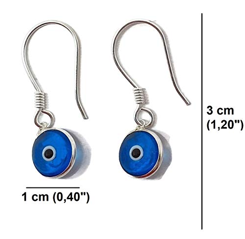 MYSTIC JEWELS By Dalia - 925 Sterling Silver Drop Earring - Round Turkish Eye for Good Luck (Light Blue)