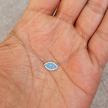 MYSTIC JEWELS by Dalia - Opal Necklace in the Shape of a Turkish Eye, 925 Sterling Silver with Cubic Zirconia (Silver)