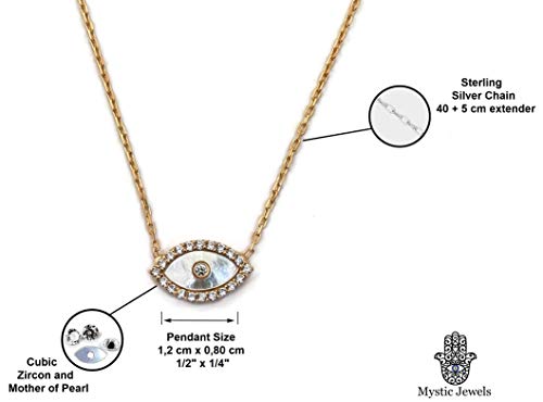 MYSTIC JEWELS by Dalia - Turkish Eye Pendant Necklace 925 Sterling Silver with Cubic Zirconia and Mother of Pearl (Golden)