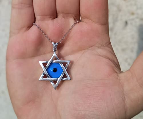 MYSTIC JEWELS By Dalia - 925 Sterling Silver Star of David (Magen David) Necklace with Crystal Blue Evil Eye in the Middle (Large)