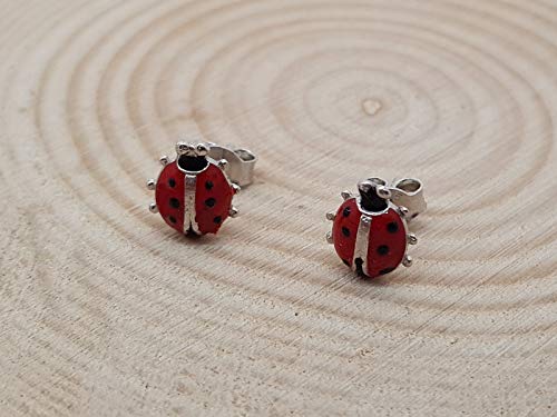 925 Sterling Silver Earrings, Enameled Ladybug 8.1 mm Pressure Closure Girl to Gift