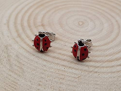 925 Sterling Silver Earrings, Enameled Ladybug 8.1 mm Pressure Closure Girl to Gift