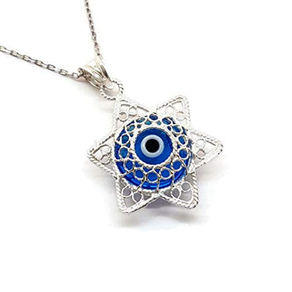 MYSTIC JEWELS By Dalia - Filigree Necklace with Turkish Eye 925 Sterling Silver (Star of David)
