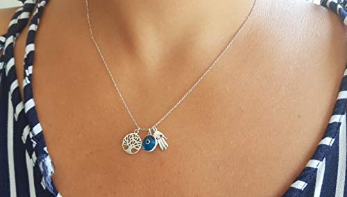 MYSTIC JEWELS - 925 Sterling Silver Necklace - Three symbols, Hand of Fatima &amp; Tree of Life &amp; Eye of Good Luck