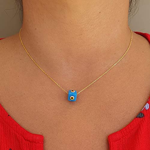 MYSTIC JEWELS by Dalia - Blue Crystal Cube Evil Eye Necklace for Good Luck - 925 Sterling Silver Chain with Gold Plated (Turquoise)