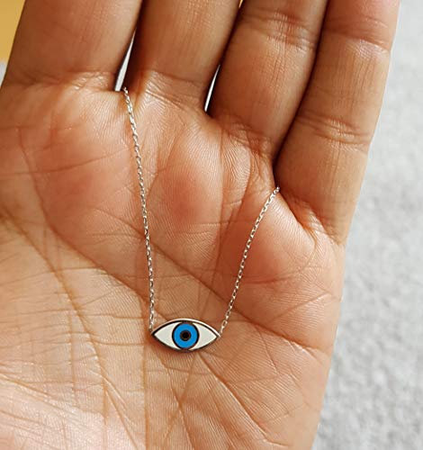 MYSTIC JEWELS by Dalia - Evil Eye Necklace - Rhodium - 925 Sterling Silver Enameled with White and Blue for Good Luck for Women and Girls (Silver)
