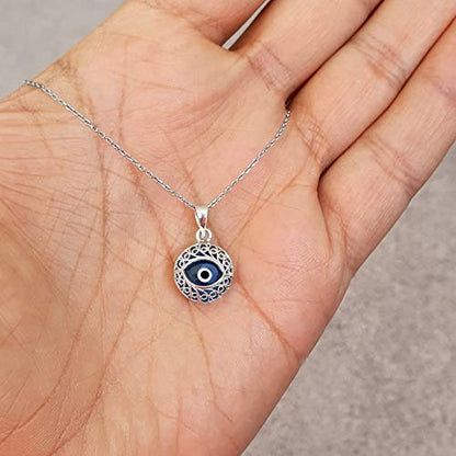 MYSTIC JEWELS by Dalia - Crystal and 925 Sterling Silver Evil Eye Necklace - Filigree Turkish Eye (Round)