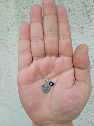 MYSTIC JEWELS By Dalia - 925 Sterling Silver Hamsa Necklace with a 7mm Evil Eye Charm Dangling (Round)