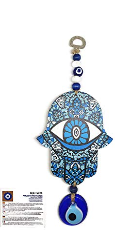 MYSTIC JEWELS - Hamsa of the Hand of Fatima in wood with Turkish eye for Good Luck and Energy at Home (Color 4)