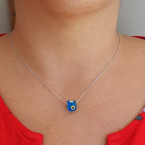 MYSTIC JEWELS by Dalia - Blue Crystal Cube Evil Eye Necklace for Good Luck - 925 Sterling Silver Chain (Light Blue)