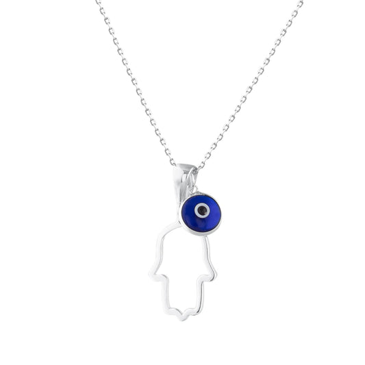 MYSTIC JEWELS By Dalia - 925 Sterling Silver Hamsa Necklace with a 7mm Evil Eye Pendant Dangling (Classic)