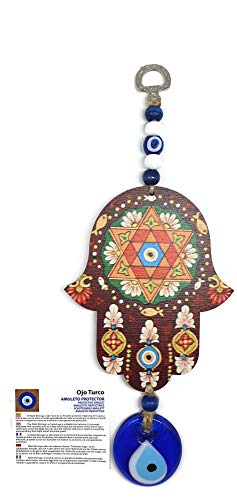 MYSTIC JEWELS - Hamsa of the Hand of Fatima in wood with Turkish eye for Good Luck and Energy at Home (Color 7)