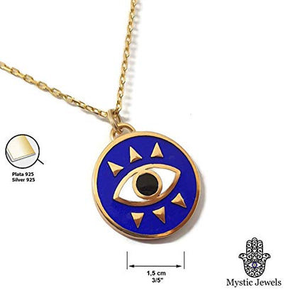 MYSTIC JEWELS by Dalia - Round Eye Necklace for Good Luck - 925 Sterling Silver Enameled in Blue (Golden)