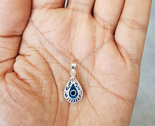 Mystic Jewels By Dalia - Crystal and 925 Sterling Silver Evil Eye Necklace - Filigree Turkish Eye in Drop Shape