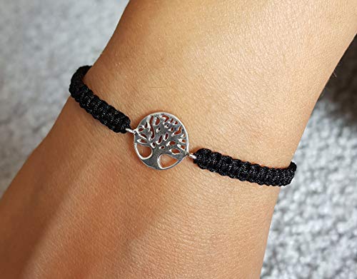 MYSTIC JEWELS by Dalia - 925 Sterling Silver Bracelet - tree of Life - in macrome Black Thread - Adjustable - to give as a gift (Silver)
