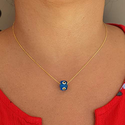 MYSTIC JEWELS by Dalia - Blue Crystal Cube Evil Eye Necklace for Good Luck - 925 Sterling Silver Chain with Gold Plated (Transparent Blue)