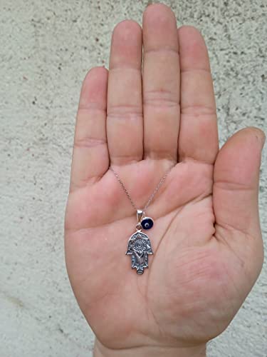 MYSTIC JEWELS By Dalia - 925 Sterling Silver Hamsa Necklace with a 7mm Evil Eye Charm Dangling (Sun)