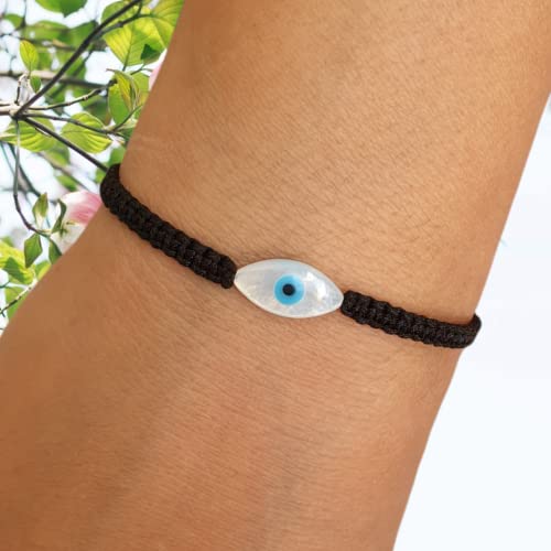 MYSTIC JEWELS By Dalia - Red macrome thread bracelet with mother of pearl and Turkish eye, for good luck, Evil Eye protection, Good Luck (Eye - Black)