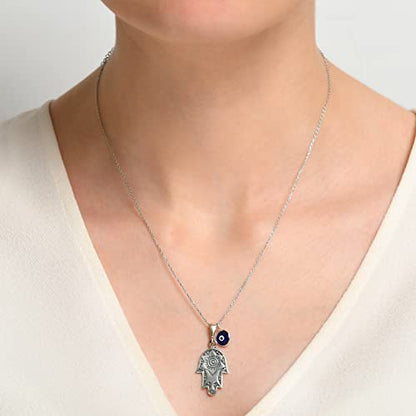 MYSTIC JEWELS By Dalia - 925 Sterling Silver Hamsa Necklace with a 7mm Evil Eye Charm Dangling (Sun)