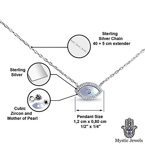 MYSTIC JEWELS by Dalia - Turkish Eye Pendant Necklace 925 Sterling Silver with Cubic Zirconia and Mother of Pearl (Silver)