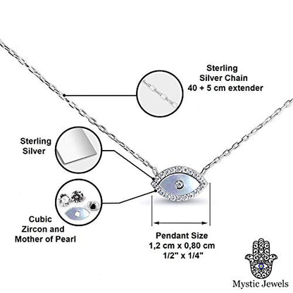 MYSTIC JEWELS by Dalia - Turkish Eye Pendant Necklace 925 Sterling Silver with Cubic Zirconia and Mother of Pearl (Silver)