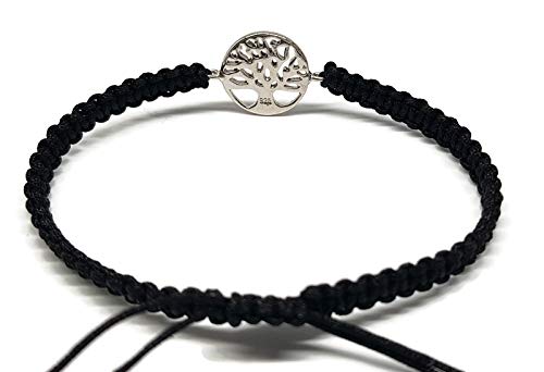 MYSTIC JEWELS by Dalia - 925 Sterling Silver Bracelet - tree of Life - in macrome Black Thread - Adjustable - to give as a gift (Silver)