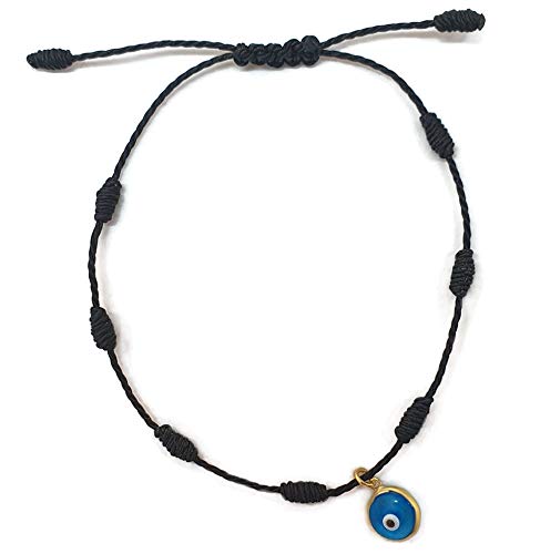 MYSTIC JEWELS by Dalia - Kabbalah Bracelet - 7 Knot Red Thread cord with a small eye in 925 Gold-plated Silver - Unisex - Adjustable - Evil Eye protection, Good Luck, Good Luck (Black)