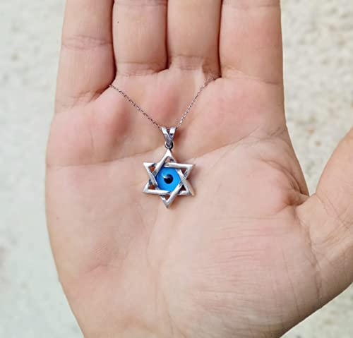 MYSTIC JEWELS By Dalia - 925 Sterling Silver Star of David (Magen David) Necklace with Crystal Blue Evil Eye in the Middle