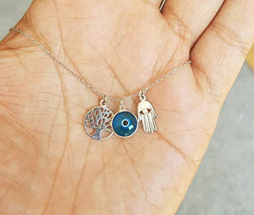 MYSTIC JEWELS - 925 Sterling Silver Necklace - Three symbols, Hand of Fatima &amp; Tree of Life &amp; Eye of Good Luck