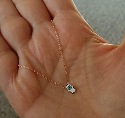 MYSTIC JEWELS by Dalia - Necklace with Turkish Eye Pendant 925 Sterling Silver Hand of Fatima and Turkish Eye to protect you (Pink)