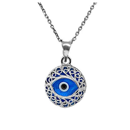 MYSTIC JEWELS by Dalia - Crystal and 925 Sterling Silver Evil Eye Necklace - Filigree Turkish Eye (Round)