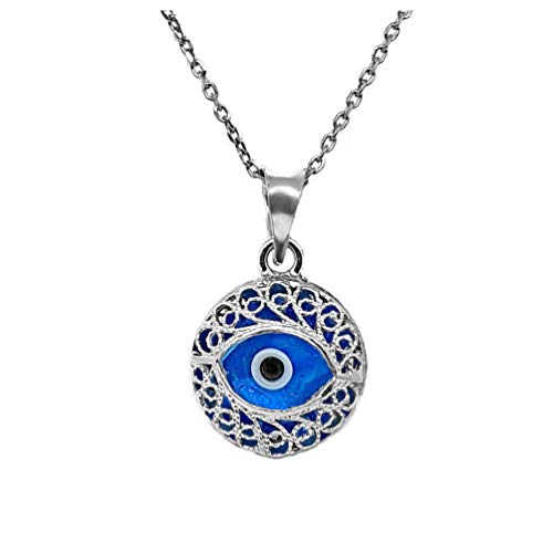 MYSTIC JEWELS by Dalia - Crystal and 925 Sterling Silver Evil Eye Necklace - Filigree Turkish Eye (Round)