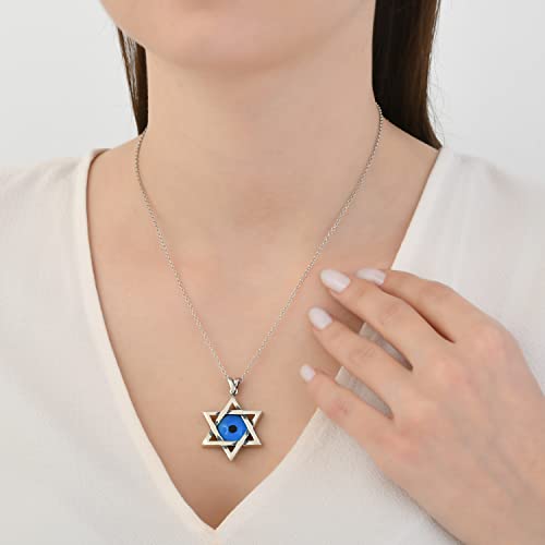 MYSTIC JEWELS By Dalia - 925 Sterling Silver Star of David (Magen David) Necklace with Crystal Blue Evil Eye in the Middle (Large)