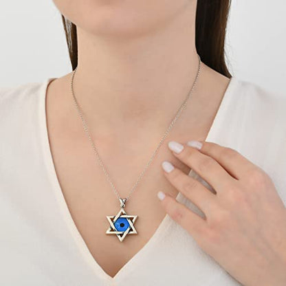 MYSTIC JEWELS By Dalia - 925 Sterling Silver Star of David (Magen David) Necklace with Crystal Blue Evil Eye in the Middle (Large)