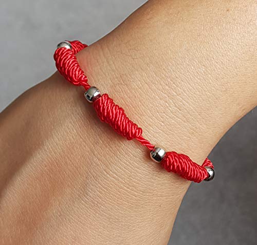 Mystic Jewels by Dalia - Kabbalah bracelet - 7 knots red thread cord with balls - unisex - adjustable - evil eye protection, good luck, good luck (Red)
