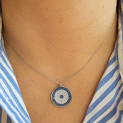 MYSTIC JEWELS by Dalia - 925 Sterling Silver Blue Round Turkish Eye Pendant Necklace with Cubic Zirconia (Silver)