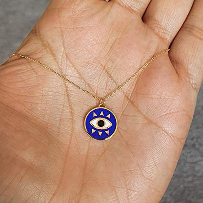 MYSTIC JEWELS by Dalia - Round Eye Necklace for Good Luck - 925 Sterling Silver Enameled in Blue (Golden)
