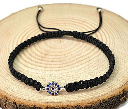 MYSTIC JEWELS by Dalia - Classic evil eye macrame bracelet in blue and white zircons for good luck (Black)