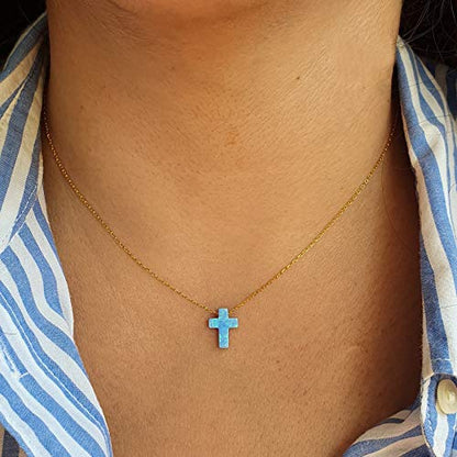 MYSTIC JEWELS by Dalia Necklace with Cross Pendant, 925 Sterling Silver, Synthetic Opal, Length 40 cm + 5 cm Adjustable… (Gold)