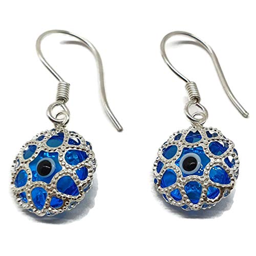 MYSTIC JEWELS by Dalia - Crystal and 925 Sterling Silver Evil Eye Earring - Filigree Turkish Eye - for good Luck