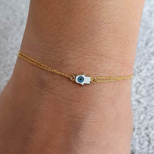 MYSTIC JEWELS by Dalia - Fatima Hand and Turkish Eye Enameled Bracelet - Double Chain - 925 Sterling Silver - Minimalist (Golden)