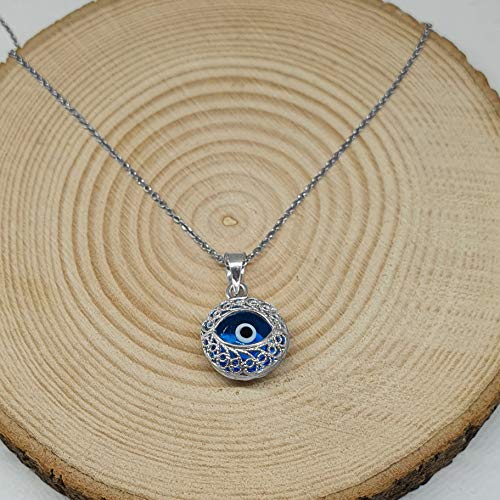 MYSTIC JEWELS by Dalia - Crystal and 925 Sterling Silver Evil Eye Necklace - Filigree Turkish Eye (Round)